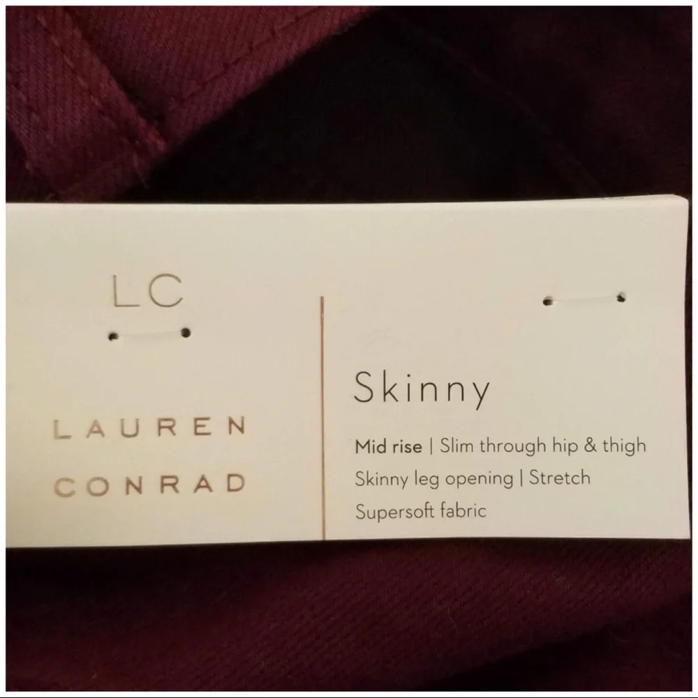 LC Lauren Conrad Burgundy Skinny Jeans Mid Rise Stretch Slim Fit NWT 6
